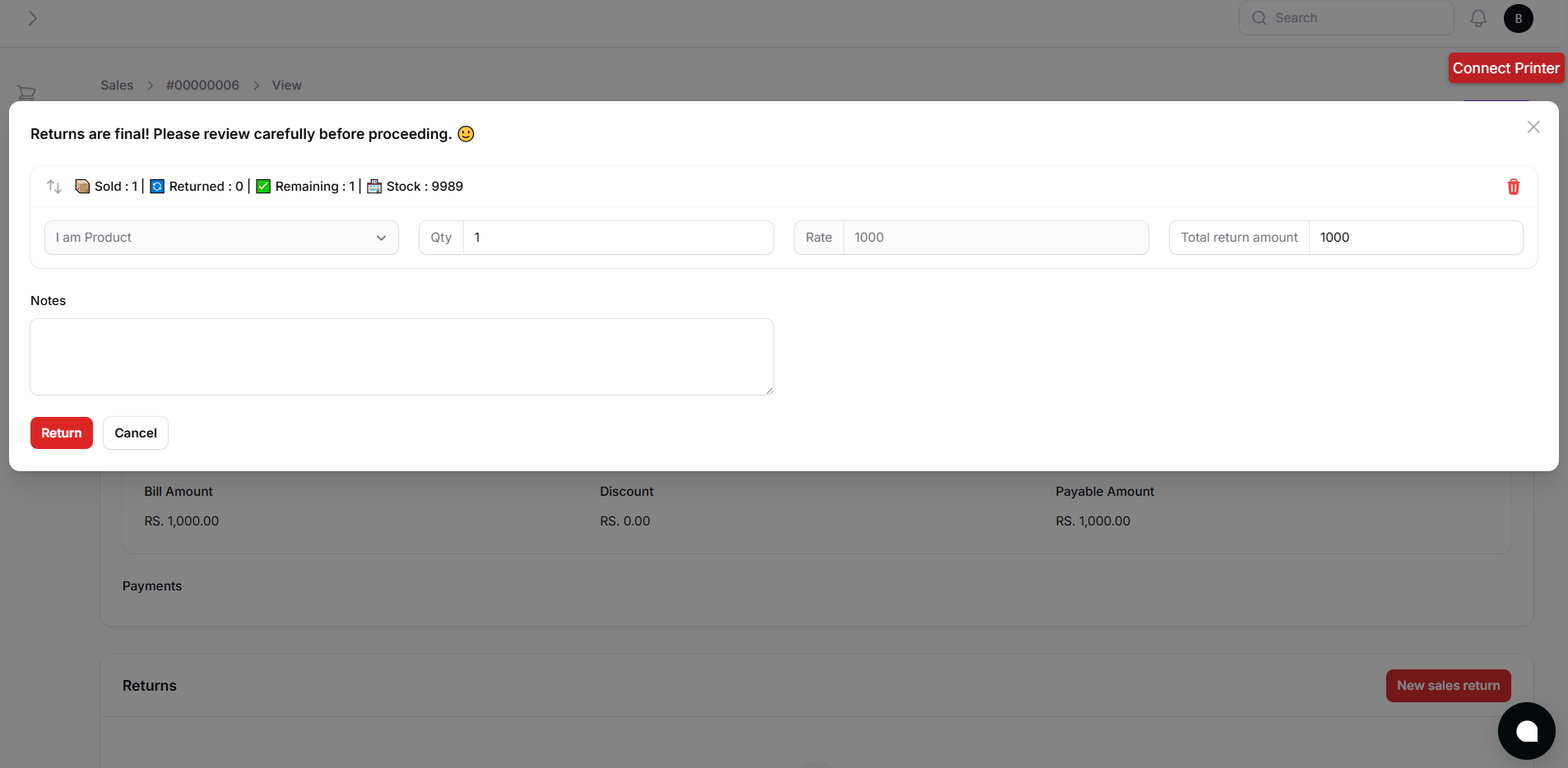 Full Sales Return Modal